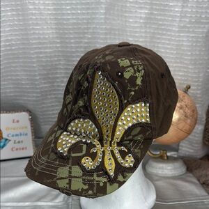(W4) Top Head wear Beaded Fleur-de-lis Distressed Adjustable Baseball Cap-Brown